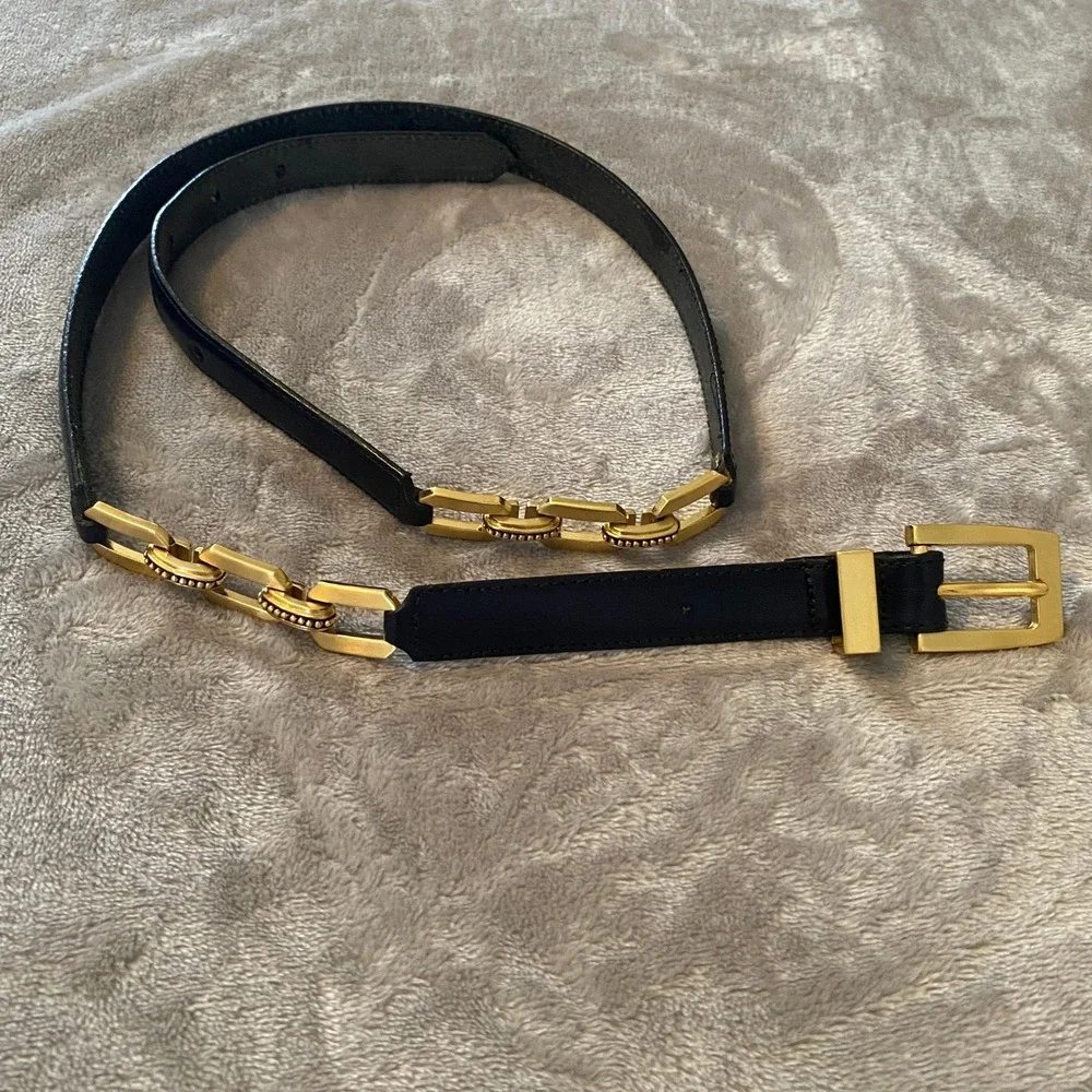 Talbots Belt Sz Large Black Leather Gold Chain Link Skinny Preppy Equestrian